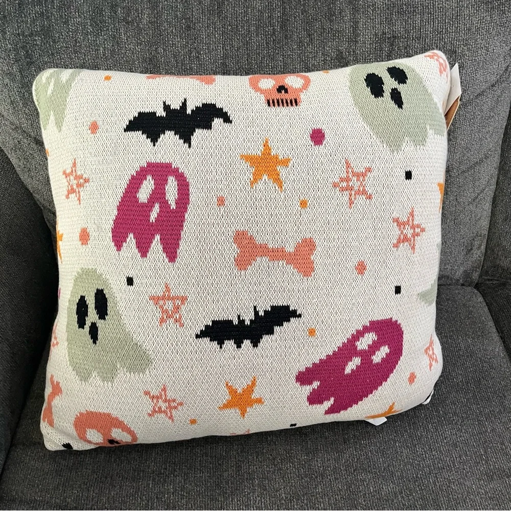 NEW NWT Home Goods Sweet Street Halloween Pink Ghost Pillow Black Bat